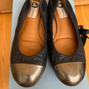 Lanvin Navy Embroidered Flats with Silver Cap Toe